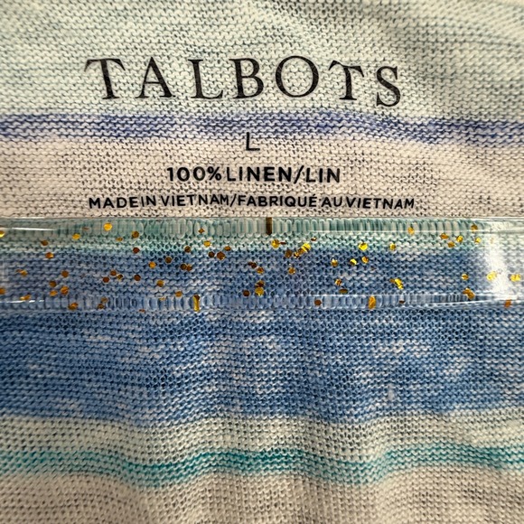 Talbots Women's Striped Linen Top Blue Turquoise White Crew Neck Sz L‎ Beach - Picture 2 of 6